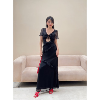 Đầm tay ngắn cut out lưng nữ tính đen/đỏ/kem