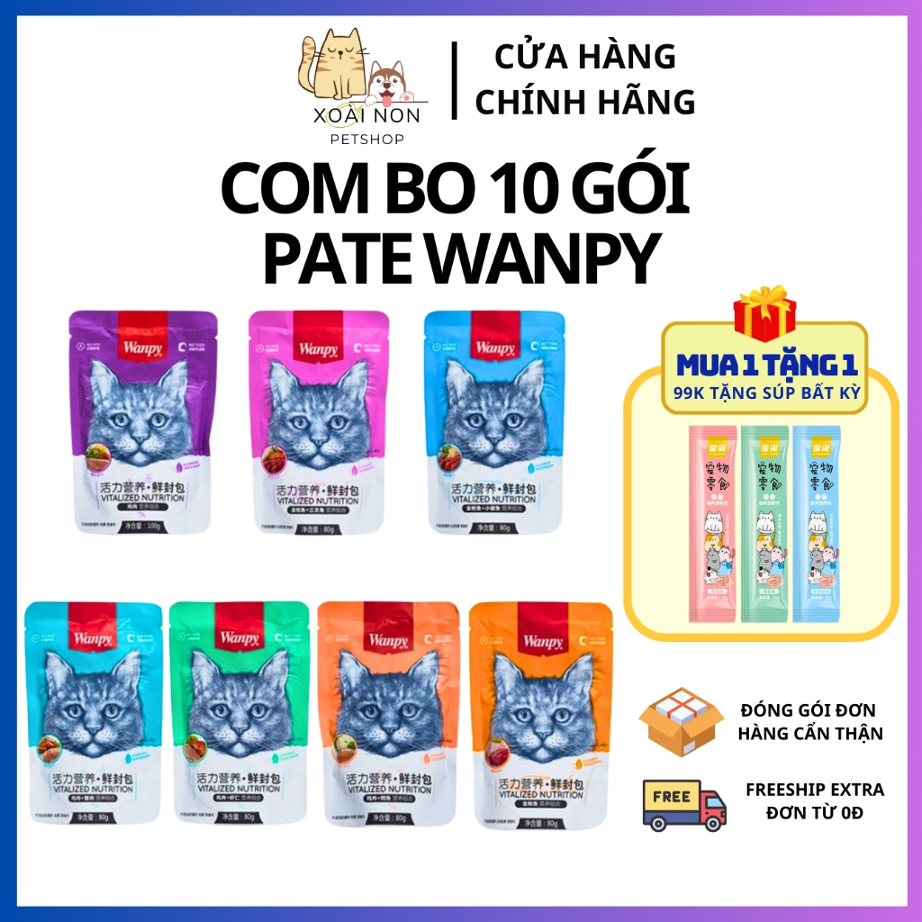 COMBO 10 Gói Pate Wanpy Dành Cho Mèo Pate Gói 80G Đủ Vị Siêu Thơm Ngon Và Bổ Dưỡng, Xoài Non Petshop