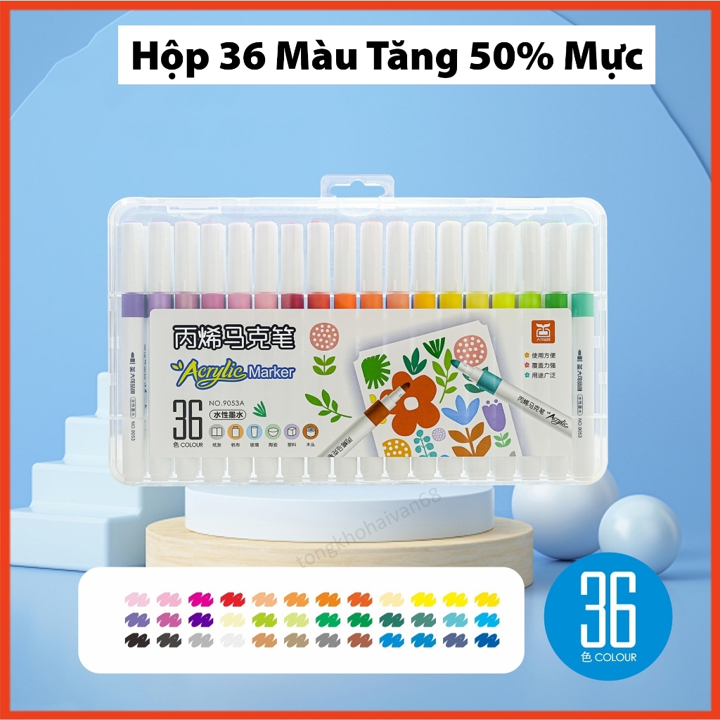 Bút màu acrylic marker - 36 Màu acrylic Thế hệ mới ( Tăng Thêm 90% Mực ) Chống Thấm, Vẽ Lên Được Nhi