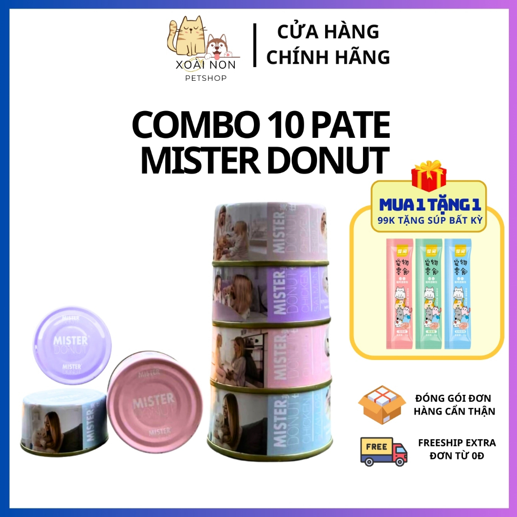 COMBO 10 LON Pate Mister Donut Dòng G 85Gr Cho Mọi Loại Mèo, Thịt Tươi Bổ Dưỡng Kích Thích Tiêu Hoá