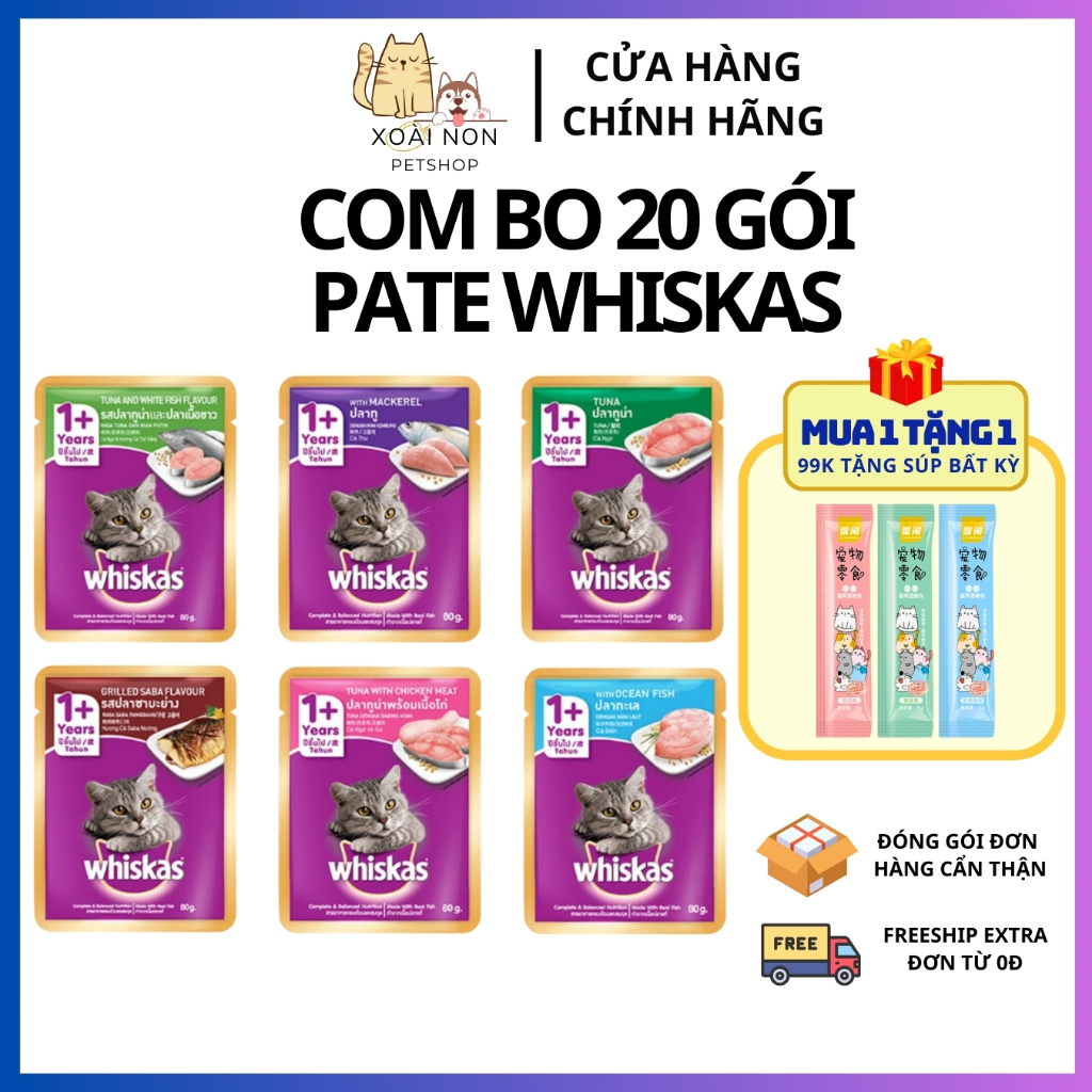 COMBO 20 Gói Pate Whiskas Dành Cho Mèo Con, Mèo Trưởng Thành, Bữa Ăn Thơm Ngon 80G, Xoài Non Petshop