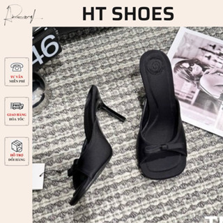 Giày sandal Z đen lụa mũi hở đính nơ nhỏ gót nhọn cao 8cm phong cách nữ tiểu thư sang chảnh hợp mọi outfit fbox 7793