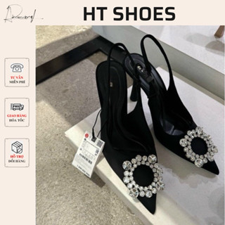 Giày cao gót mũi nhọn đính đá tròn chất lụa satin đế cao 8cm phong cách tiểu thư Pháp cá tính 68438