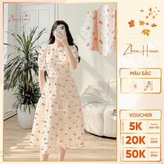 Váy Hoa Nhí - Váy Công Sở Mùa Hè Chất Đũi Xốp Bồng Đẹp Thắt Nơ Tay Đính Ngọc ZhenHouse - VH01