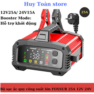 Bộ sạc bình Foxsurt 12V 25A 24v 15A có thể diều chỉnh dòng sạc và hỗ trợ khởi động xe sạc ô tô tàu thuyền xe điện Booste