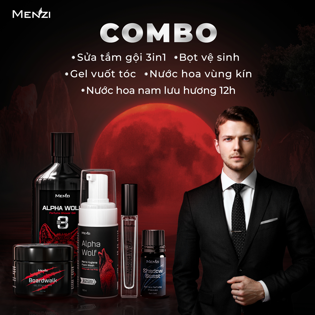 Combo Sữa Tắm Gội MENZI 3in1: 5SP - ST, Bọt Vệ Sinh Nam, Nước Hoa Nam10ml, Nước Hoa Vùng Kín, Gel Vuốt Tóc Cao Cấp 250gr