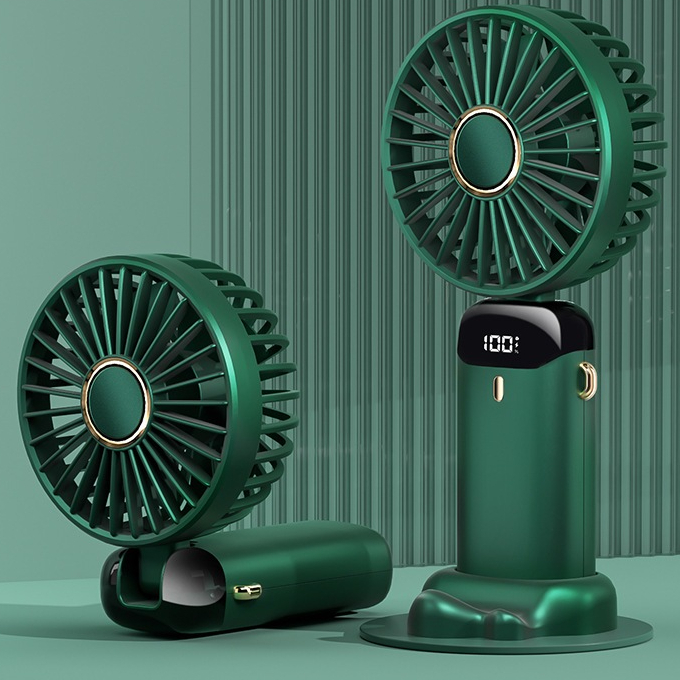 Quạt mini cầm tay tích điện 5 tốc độ gió, gấp gọn, xoay 90 độ có dây đeo,đèn led hiển thị pin | BigBuy360 - bigbuy360.vn