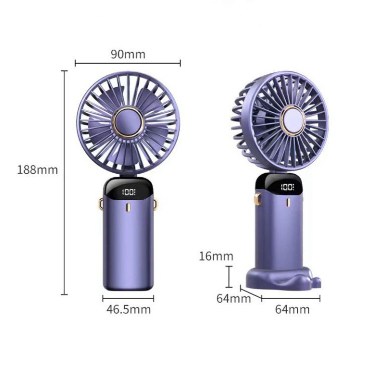 Quạt mini cầm tay tích điện 5 tốc độ gió, gấp gọn, xoay 90 độ có dây đeo,đèn led hiển thị pin | BigBuy360 - bigbuy360.vn