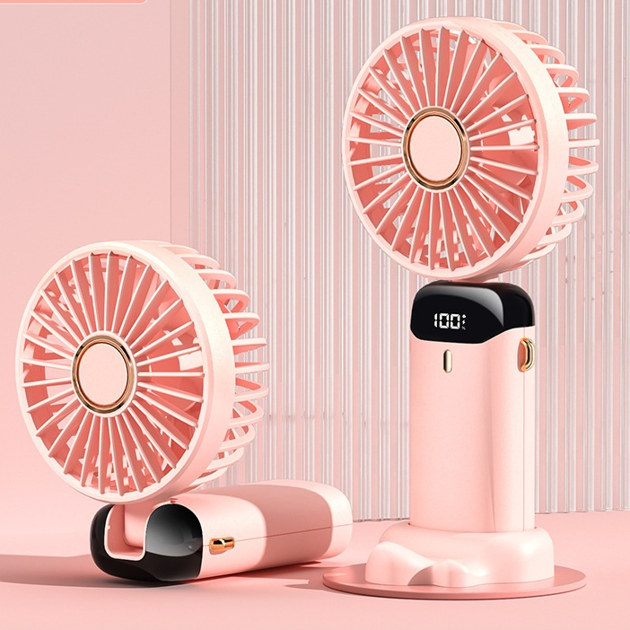 Quạt mini cầm tay tích điện 5 tốc độ gió, gấp gọn, xoay 90 độ có dây đeo,đèn led hiển thị pin | BigBuy360 - bigbuy360.vn