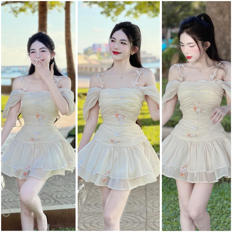 ĐẦM VOAN TƠ KEM THÊU HOA RỚT TAY NHÚN THÂN