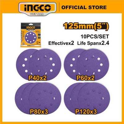 Bộ 10 miếng giấy nhám tròn Ingco AKRS125101 đường kính 125mm độ nhám P40x2, P60x2, P80x3, P120x3