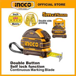 Thước cuộn 5m giá rẻ ingco hsmt08525 chất liệu thép màu vàng đen 5mx25mm thước đo tự hãm, bảng rộng 25mm