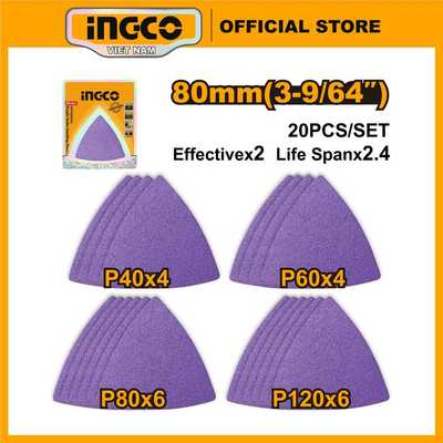 Bộ 20 miếng giấy nhám tam giác cao cấp Ingco AKTS080202 độ nhám đi kèm P40x4, P60x4, P80x6, P120x6 dùng cho máy CMLI2001