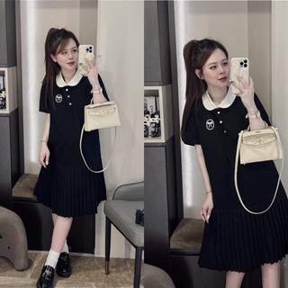 Váy xuông đen cổ sen trắng phối dập ly thêu nơ