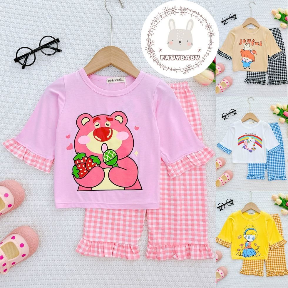 Đồ Bộ Lửng Bé Gái MINKY MOM Chính Hãng Thun Lạnh Quần Kẻ Caro Phối Bèo Viền Đáng Yêu Cho Bé 0 1 2 3 4 5 Tuổi - Favybaby