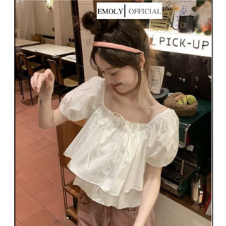 Áo sơ mi ngắn tay cổ vuông, Áo babydoll 2 tầng, áo búp bê tay bồng dáng ngắn dễ thương cho nữ