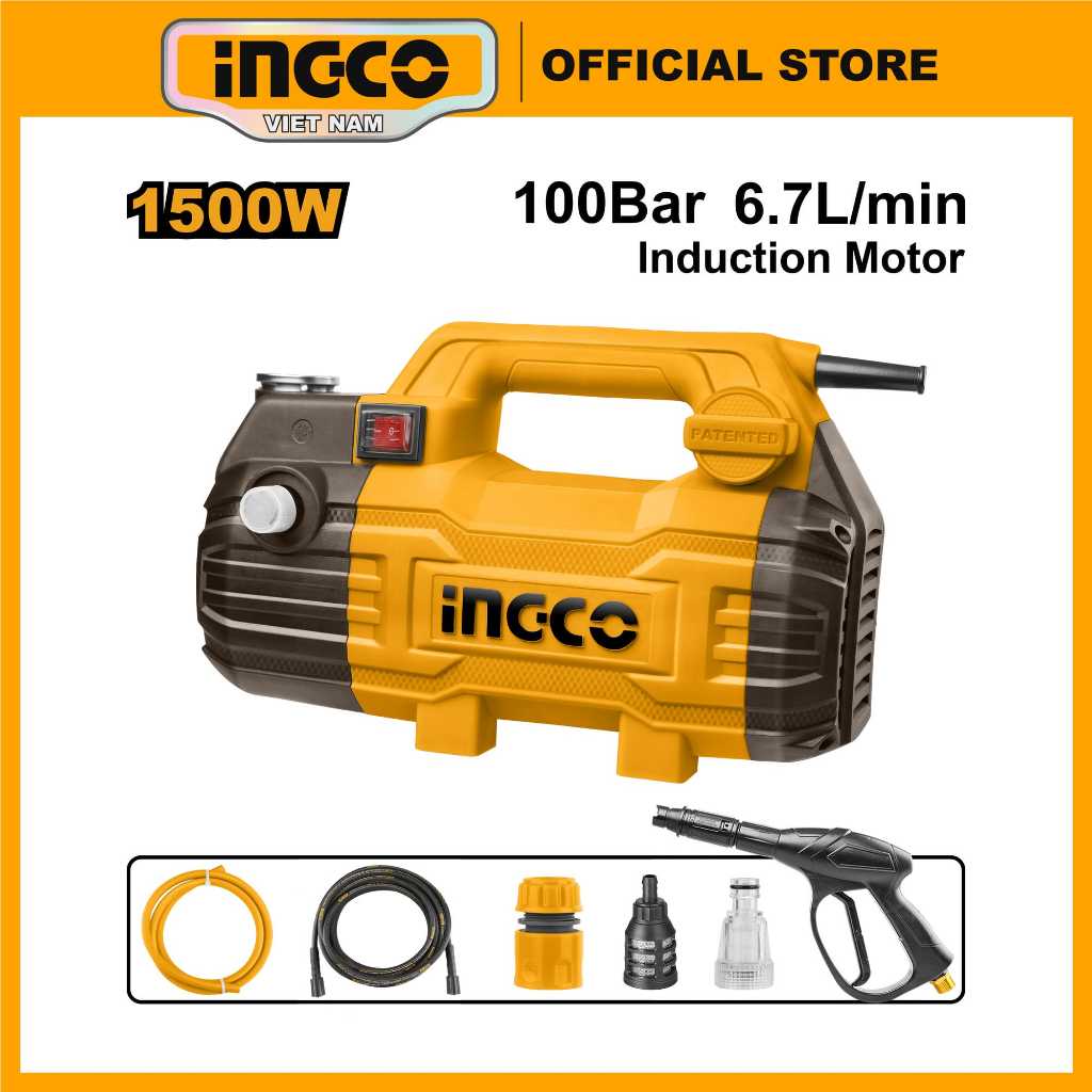  Máy bơm nước rửa xe áp lực cao 1500W dây đồng motor không chổi than áp lực nước 100Bar INGCO HPWR15028 