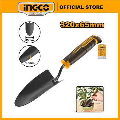 Xẻng nhỏ làm vườn mini tay cầm bọc nhựa, chất liệu thép carbon INGCO HFTT658 chiều dài 320mm chiều rộng 65mm độ dày 1,5m