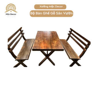 Bộ bàn ghế sân vườn gỗ tự nhiên 1 bàn 2 ghế băng có tựa lưng