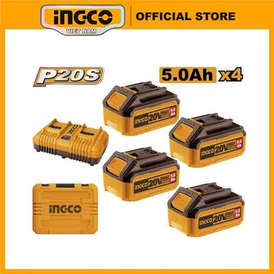 Bộ combo 4 pin 5.0Ah 20V và 1 sạc đôi nhanh INGCO FBCLI20245 cho tất cả máy pin 20V