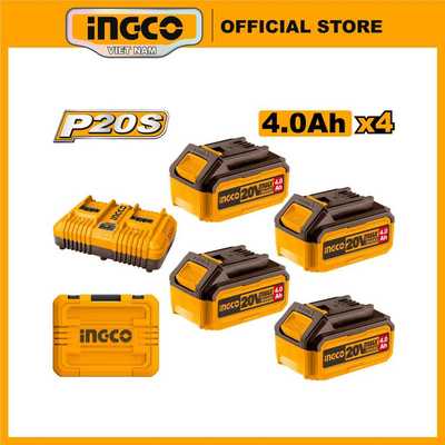 Bộ Combo 4 pin 4Ah INGCO (FBLI2002) và 1 sạc đôi nhanh (FCLI2034E) FBCLI20244 dùng cho máy pin 20V
