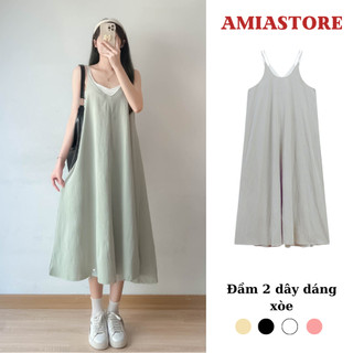 Đầm dài 2 dây dáng xoè vintage tiểu thư sang chảnh amiastore