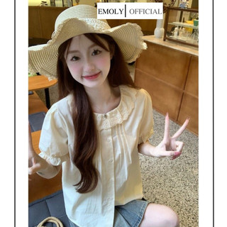Áo sơ mi nữ, Áo baby doll cổ búp bê dáng lửng tay phồng, áo thô mát mùa hè màu kem, màu xanh