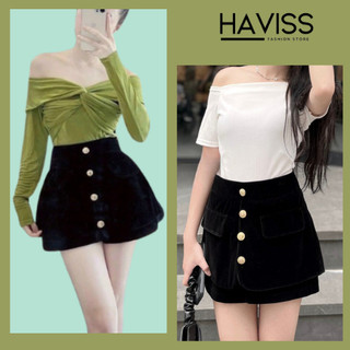 Quần short nhung giả váy Haviss quần sooc chất nhung mềm mịn đính cúc đồng phối túi giả thời trang nữ năng động cá tính