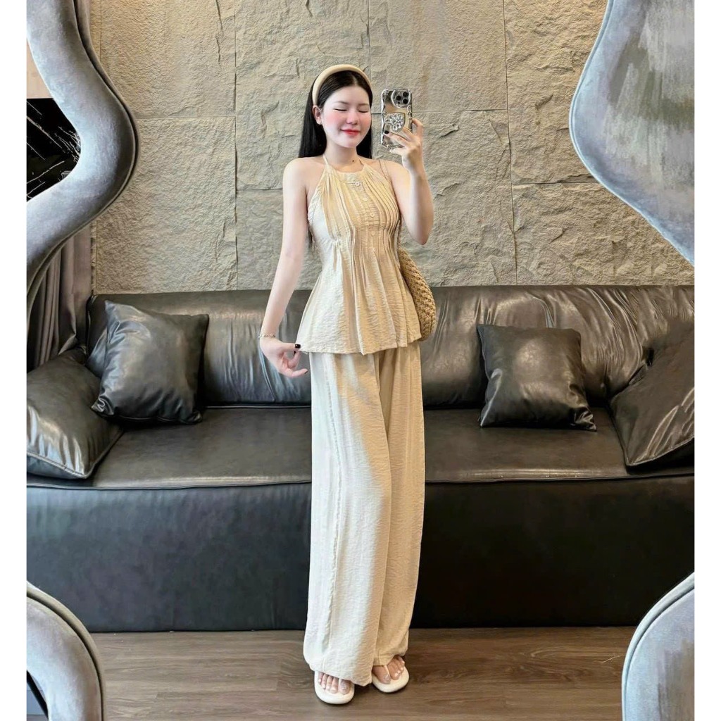 Set bộ dài chất đũi vân mây thời trang thiết kế nữ trẻ trung sang chảnh áo dây thắt hở lưng quần dài ống rộng