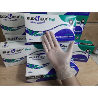   100chiếc  Găng tay nhựa trong suốt không bột PVC Vinyl chính hãng SUPÉRIEUR,thực phẩm,spa,xăm S,M,L 