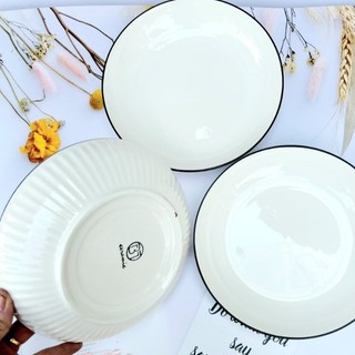 Đĩa Sọc Viền Đen sâu Lòng 20cm - Đĩa màu trắng - Tráng Men Cao Cấp/ Giá Sốc