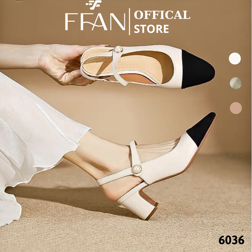 Giày nữ hở gót mũi tròn đế vuông [da thật] mềm mại 6036 FFAN STORE cao gót bít mũi quai ngang slingb