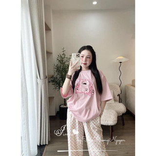 Set áo heo hồng mix quần dài be chấm bi
