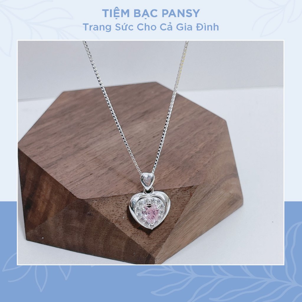Dây chuyền bạc mặt đá tim hồng thạch, trắng mix dây trơn mảnh cá tính - TIỆM BẠC PANSY