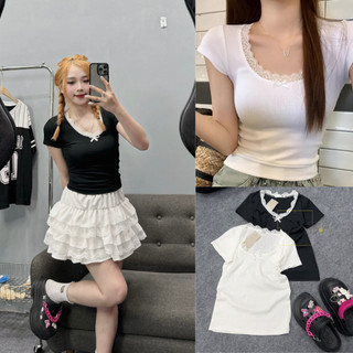 Áo thun coquetee tay ngắn cổ tròn phối nơ đính ren chất thun mềm phong cách croptop dáng ngắn co dãn