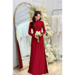 Áo dài truyền thống nữ kết hoa chữ hỷ lụa vân gỗ cao cấp, Áo dài đỏ may sẵn đủ size mặc dự tiệc lễ tết đẹp, mã AD124