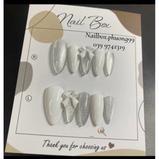 Nailbox- bộ 10 móng giả thiết kế TRẮNG VÀ MẮT MÈO đính nơ trắng  tặng kèm dũa và keo đủ size (xs,s,m,l)