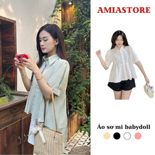 Áo babydoll cổ sơ mi tay ngắn vạt xòe, áo sơ mi dáng ngắn form babydoll amiastore