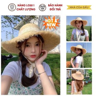 Mũ cói rơm dây nơ ren vành xước vintage