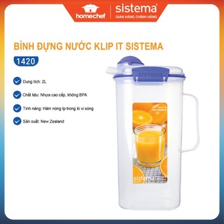 Bình đựng nước bằng nhựa Sistema Klip It 2L - 1420, chịu nhiệt 100 độ, sản xuất tại New Zealand | Hàng chính hãng
