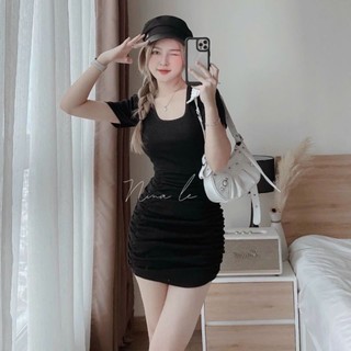 Đầm body ngắn cổ vuông tay áo ngắn đầm hở lưng y hình chất vải thun gân lạnh