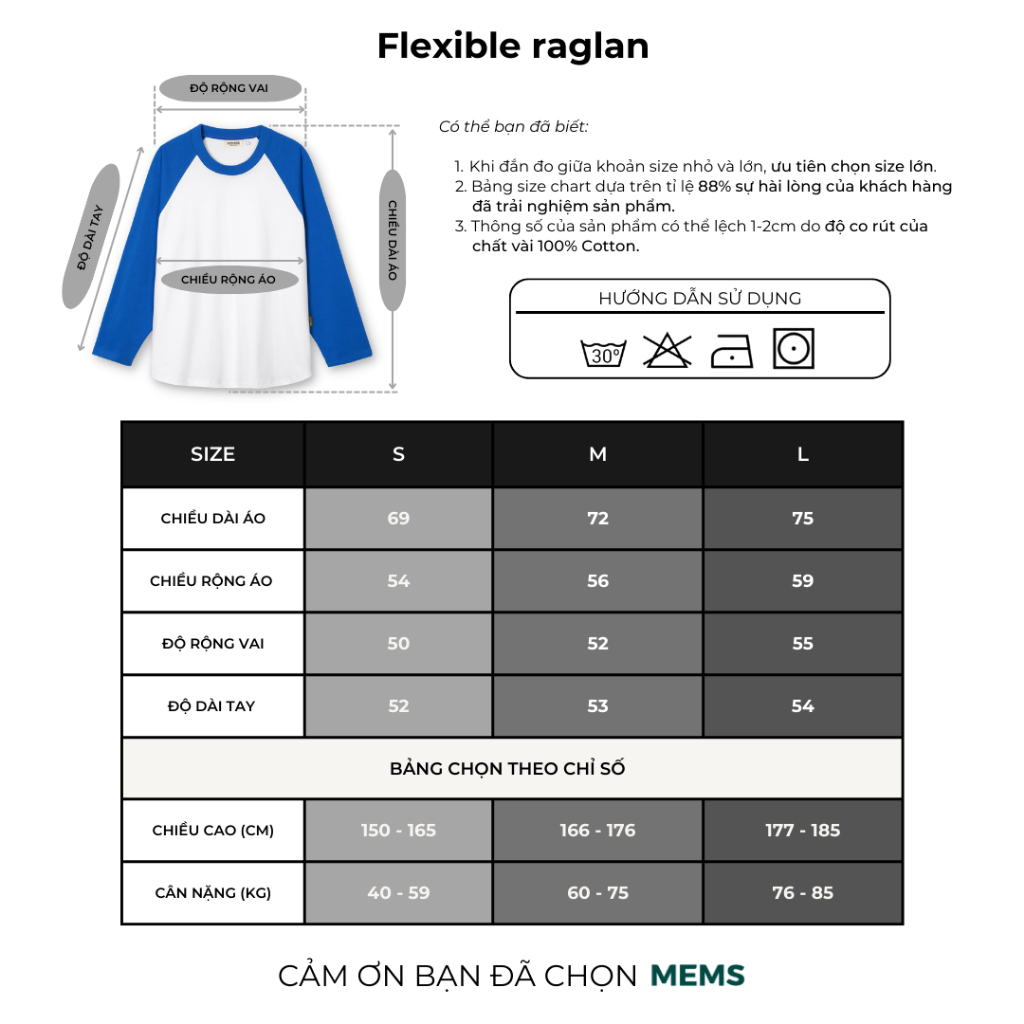 Flexible raglan White Blue | MEMS Áo thun cotton nam nữ tay dài trơn cổ tròn áo phối màu