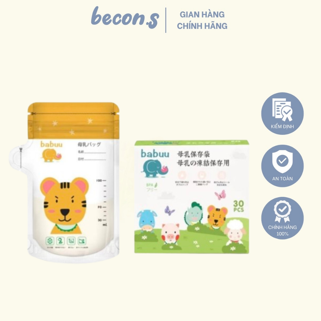 Túi Trữ Sữa Mẹ BABUU Có vòi 100ml Thiết Kế Vòi Rót, Miệng Zip Tiện Dụng An Toàn Cho Bé (30 Túi/Hộp) becon.s