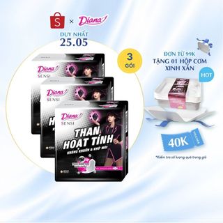 Bộ 3 gói băng vệ sinh Diana Sensi Than Hoạt Tính Siêu mỏng cánh 8 miếng/gói