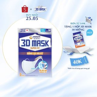 Khẩu trang ngăn khói bụi Unicharm 3D Mask Super Fit size M gói 5 cái