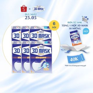 Bộ 6 Khẩu trang ngăn khói bụi Unicharm 3D Mask Super Fit size M gói 5 cái