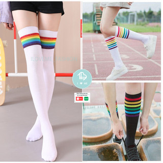 Vớ cotton đến đùi gối họa tiết kẻ sọc cầu vồng, tất qua đùi kẻ sọc cầu vồng