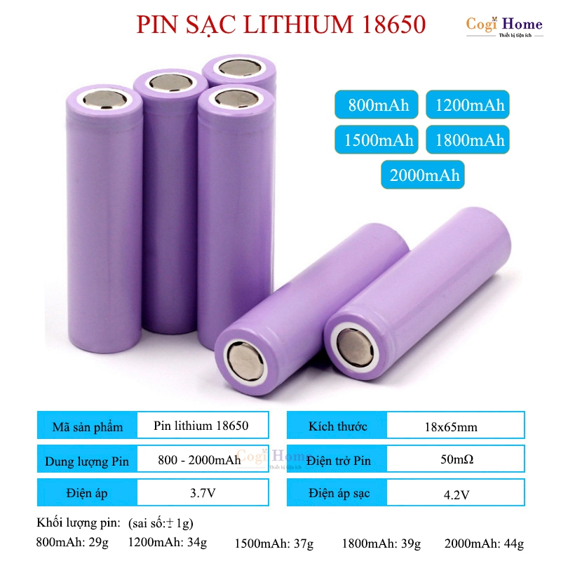 Pin 18650 Pin Sạc Lithium 3.7V 1200mAh 2000mAh Đầu Bằng Dung Lượng Cao