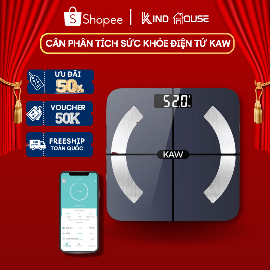 Cân Điện Tử Sức Khỏe Kết Nối Bluetooth KAW, Màn Hình Led Kính Cường Lực, Theo Dõi Sức Khỏe Cả Gia Đình