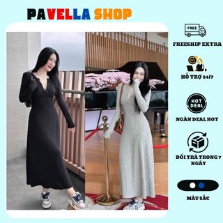 Váy len dáng dài mùa đông họa tiết cổ chữ V, chất vải len tăm co giãn ôm body dài tay cao cấp PAVELLA